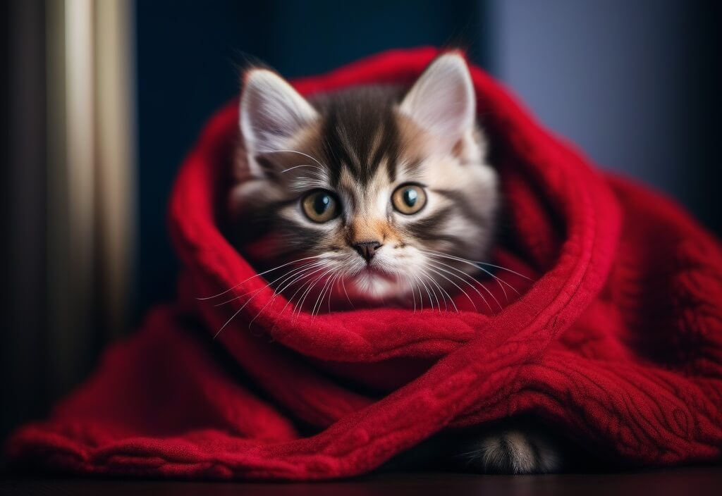 Persian kitten wrapped in red blanket