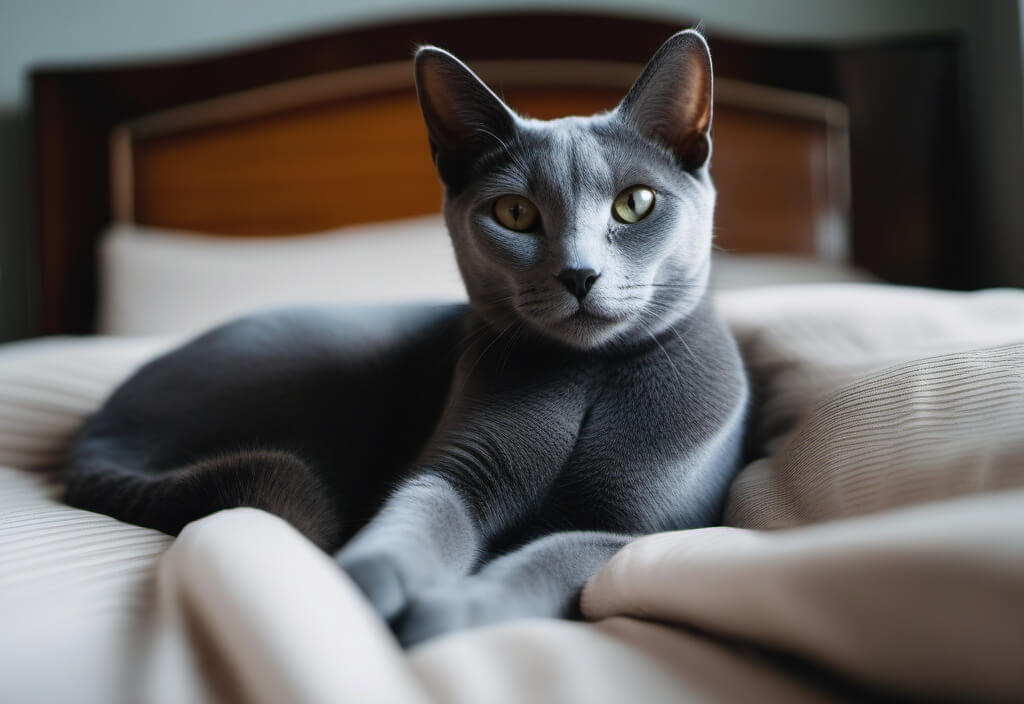 Russian blue cat on bed
