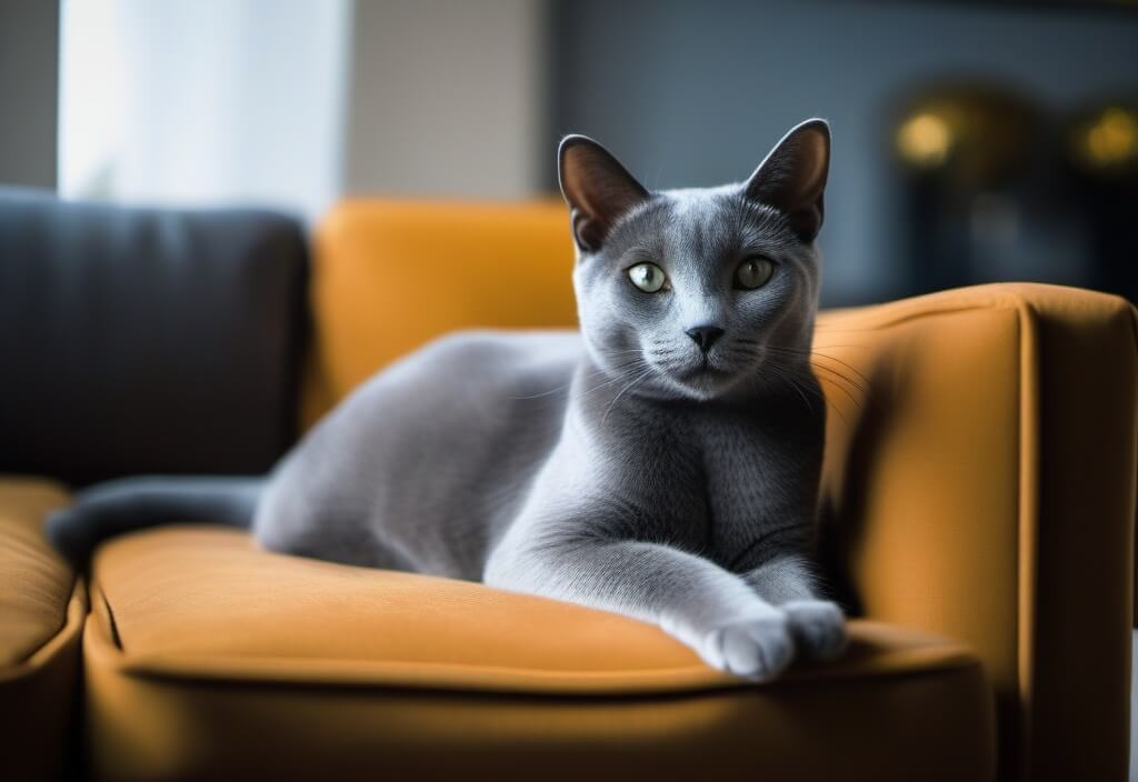 Russian blue cat on couch