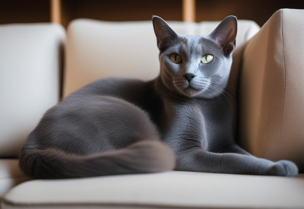 Russian blue cat on couch