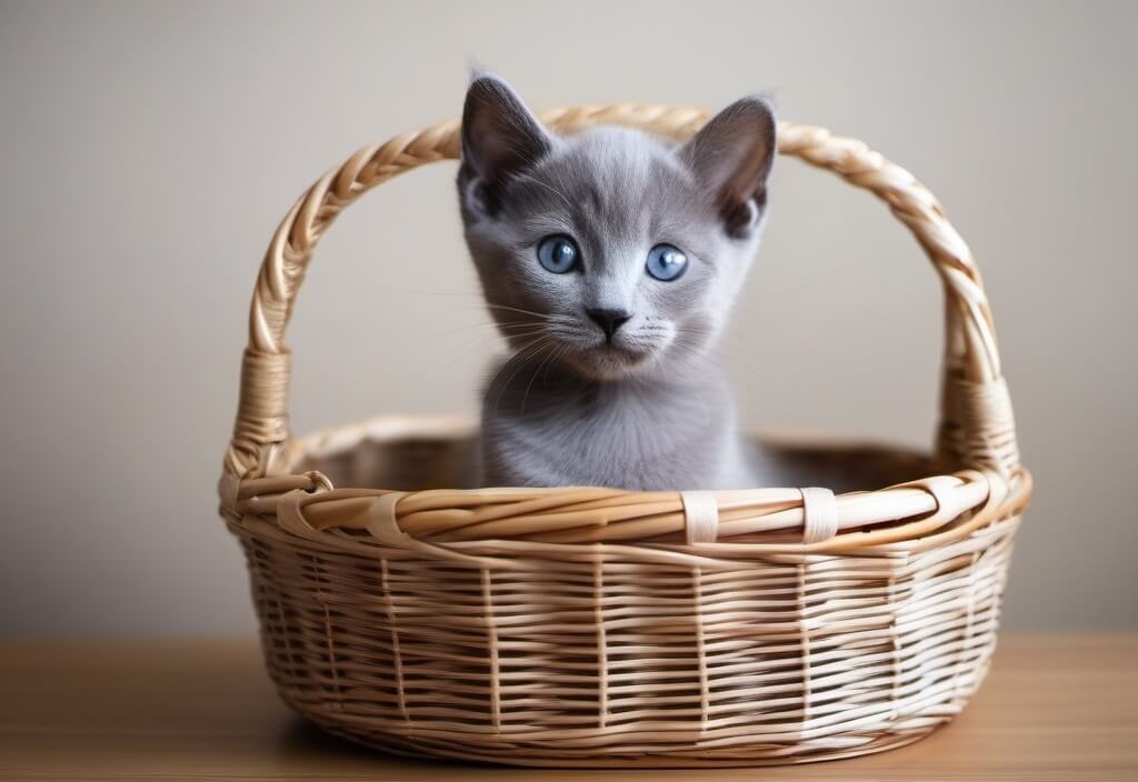 Russian blue kitten in basket