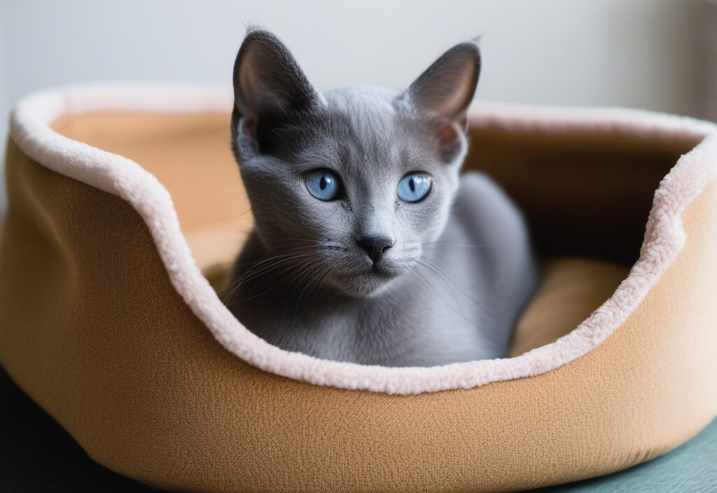 Russian blue kitten in cat bed