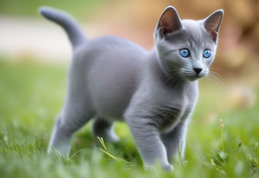 Russian blue kitten in garden