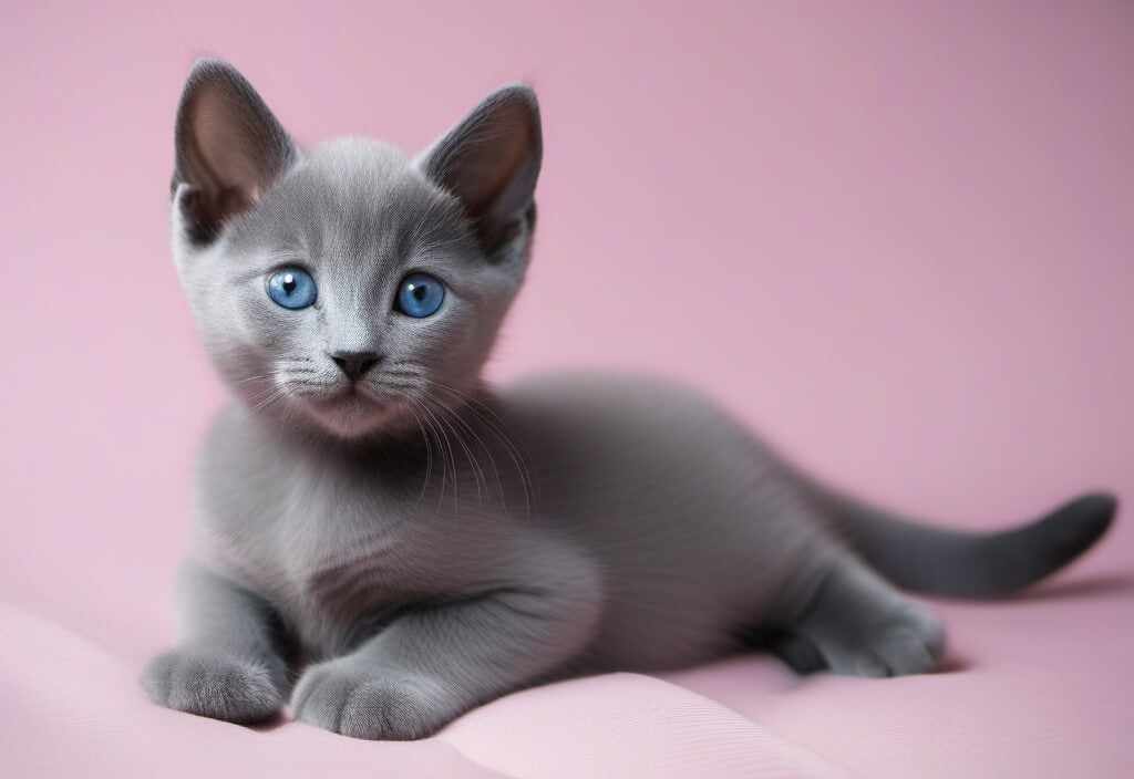 Russian blue kitten on pink background