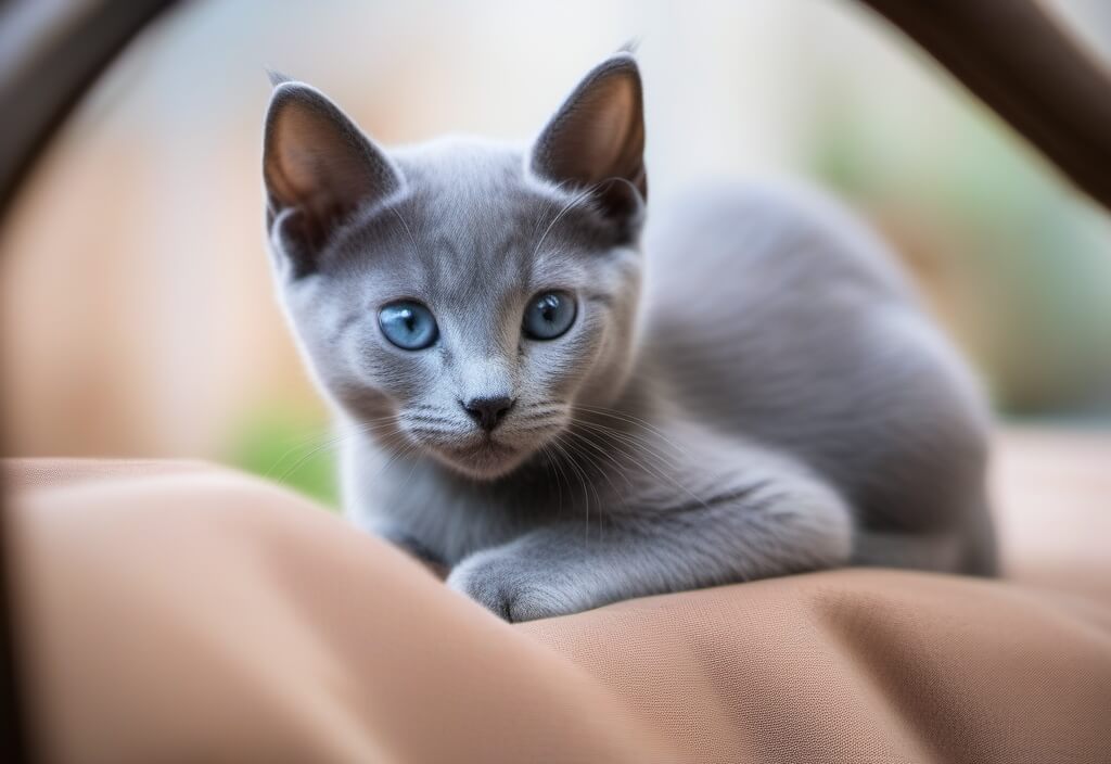 Russian blue kitten on stool