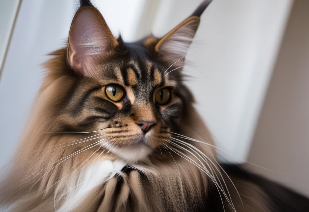 Senior Maine Coon cat next to window