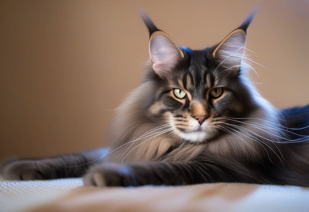 Senior Maine Coon cat on bed