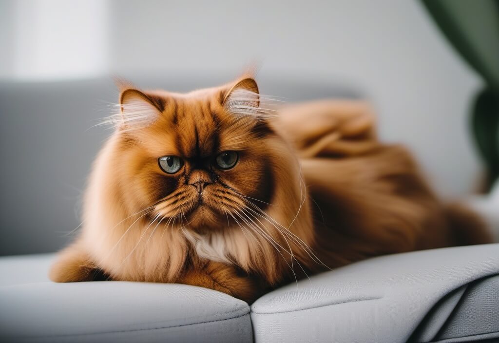 Senior Persian cat lounging on couch
