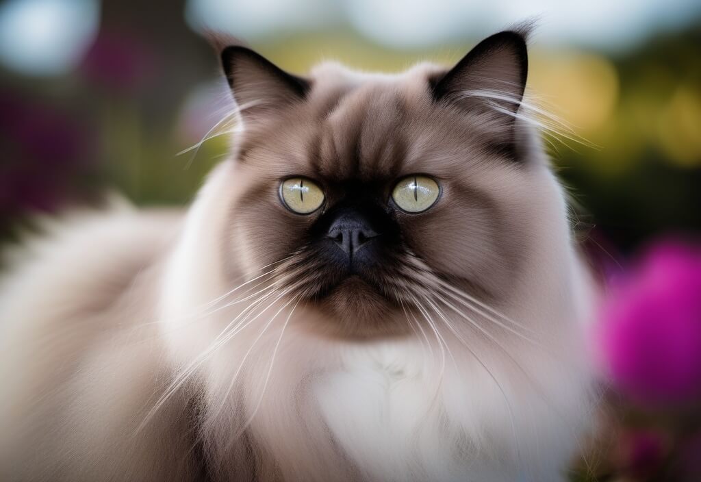 Senior Persian cat sitting under tree