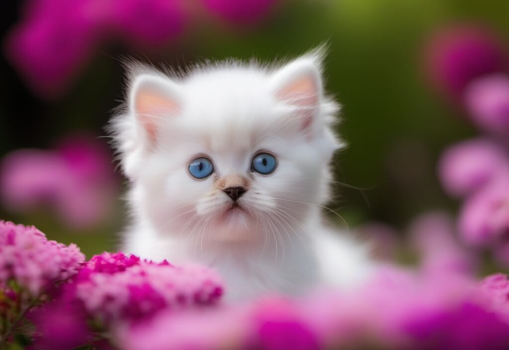 White Persian kitten between flowers