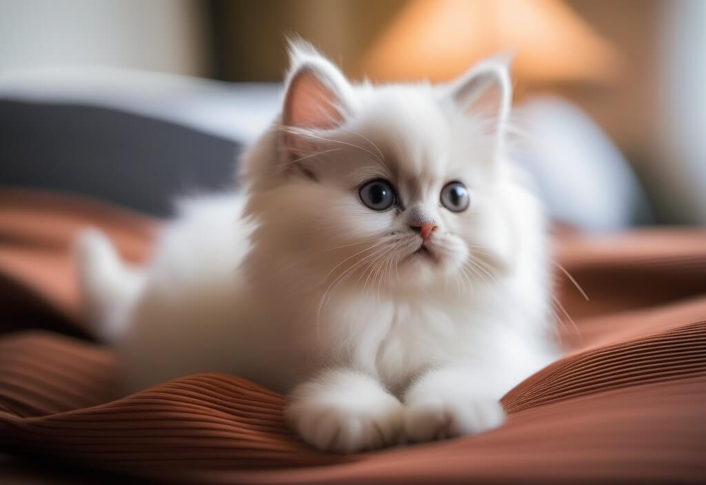 White Persian kitten on bed