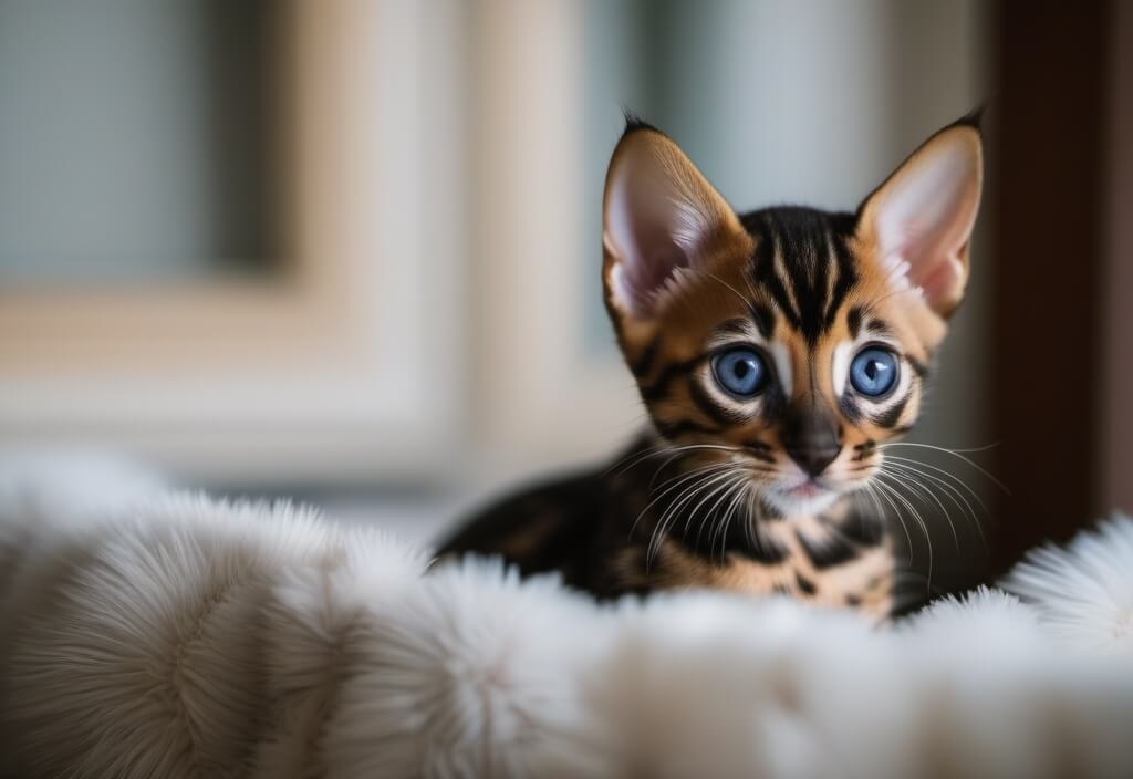 Bengal kitten sitting on cushion