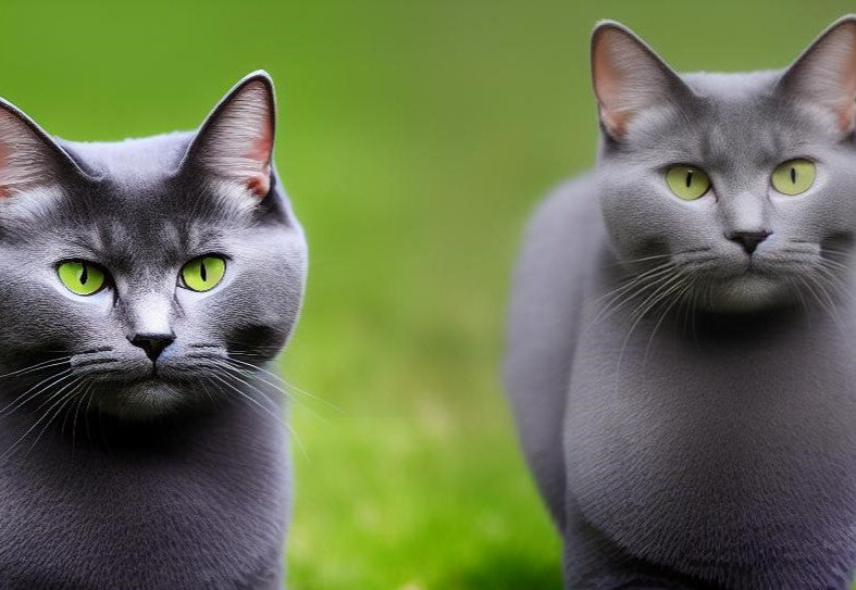Two russian blue cats on grass