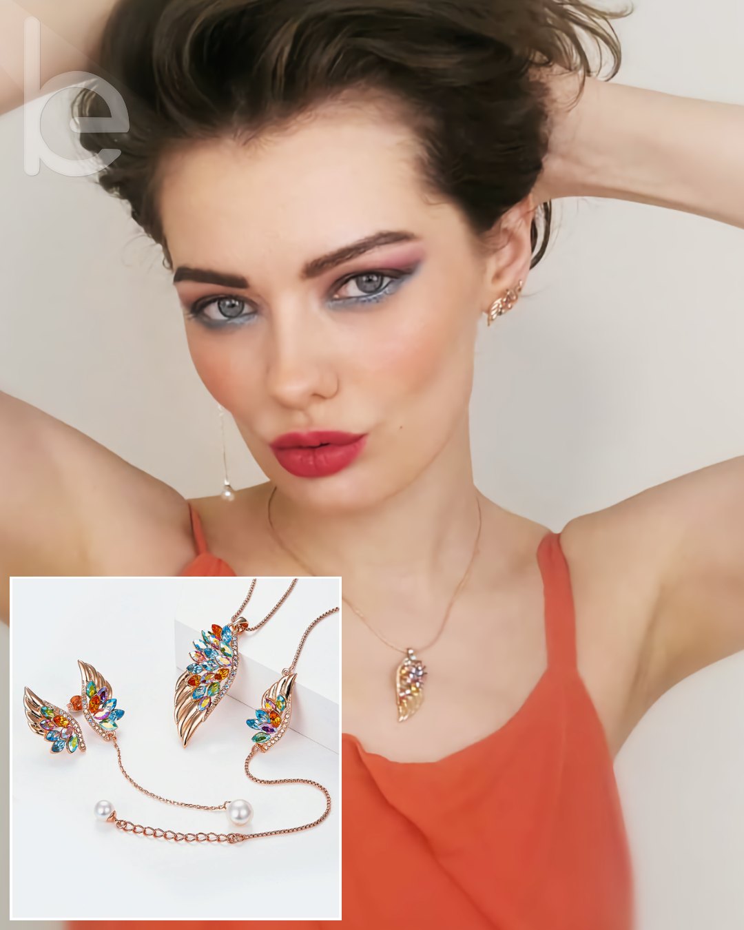Anna Wearing the Phoenix Rose Gold Pendant, Bracelet and Earrings