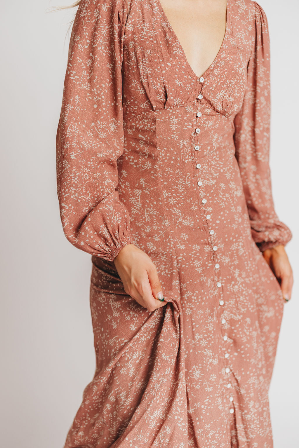 Pippa Long-Sleeved Smocked Maxi Dress in Taupe - Bump Friendly