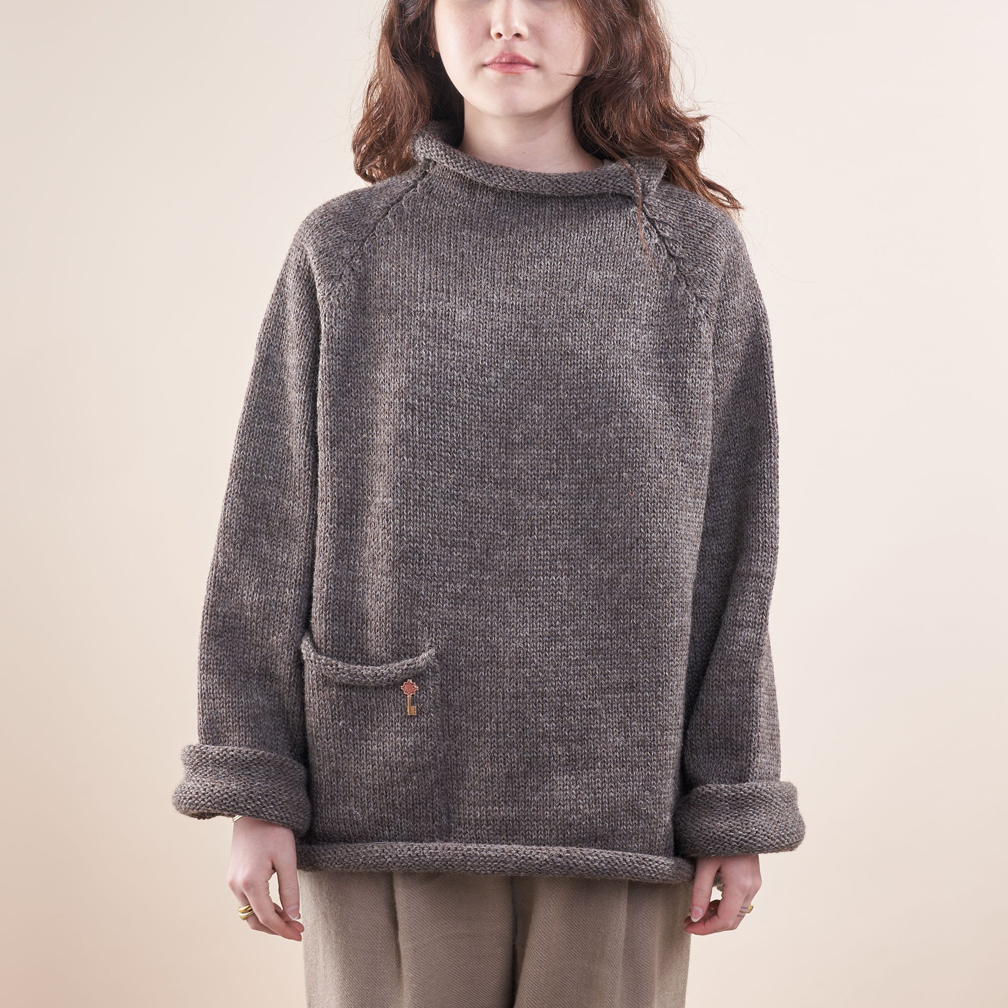 Handknit Wool Fisherman Sweater, Undyed Gray