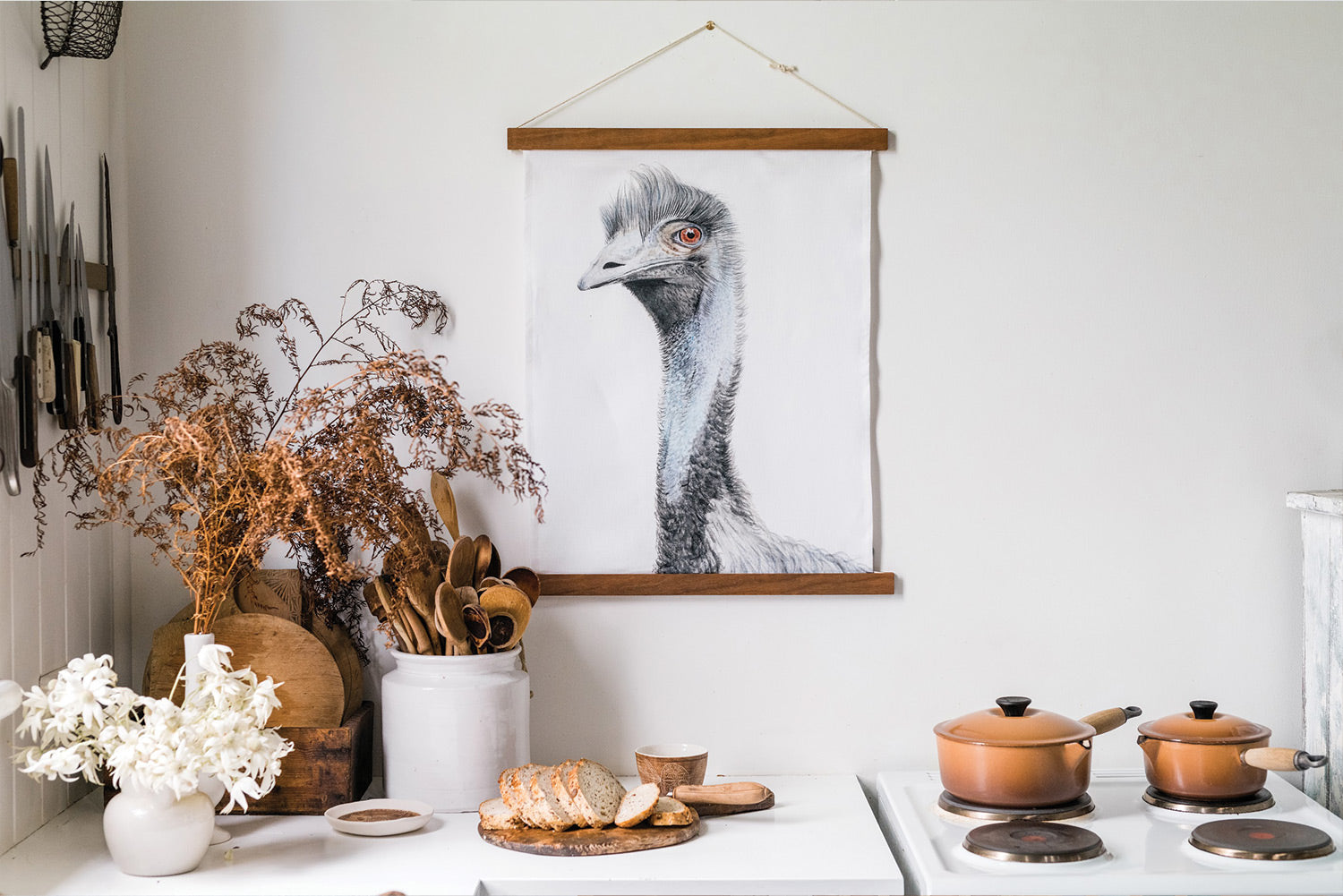 Earl the emu linen tea towel hanging in styled kitchen