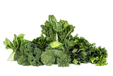 Image of leafy greens like lettuce, kale, broccoli, on a table with a white background.