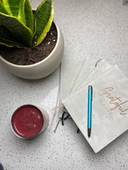 Top view of a gratitude journal, coffee and a plant.