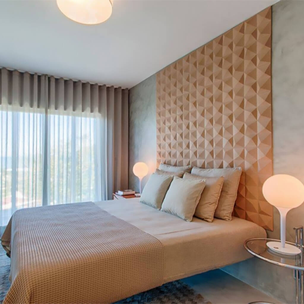 3D natural cork wall panels added behind a hotel bed