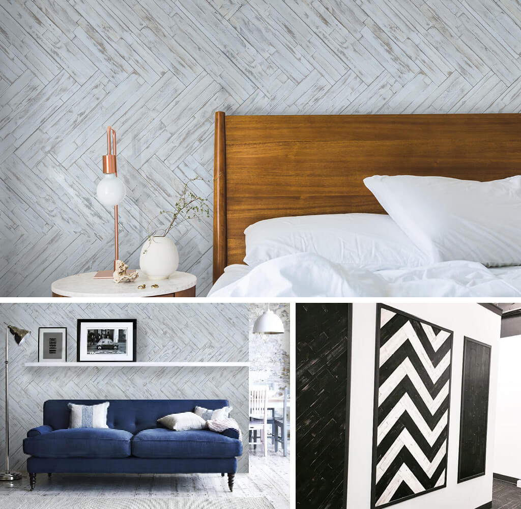 Examples of the peel and stick wooden panels applied in a herringbone pattern to walls.