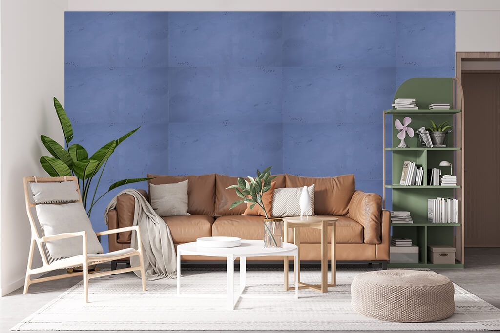 Concrete wall panels in blue in a living room with natural colours and greenery