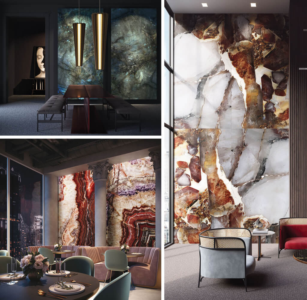 Feature wall designs with gem and agate patterns
