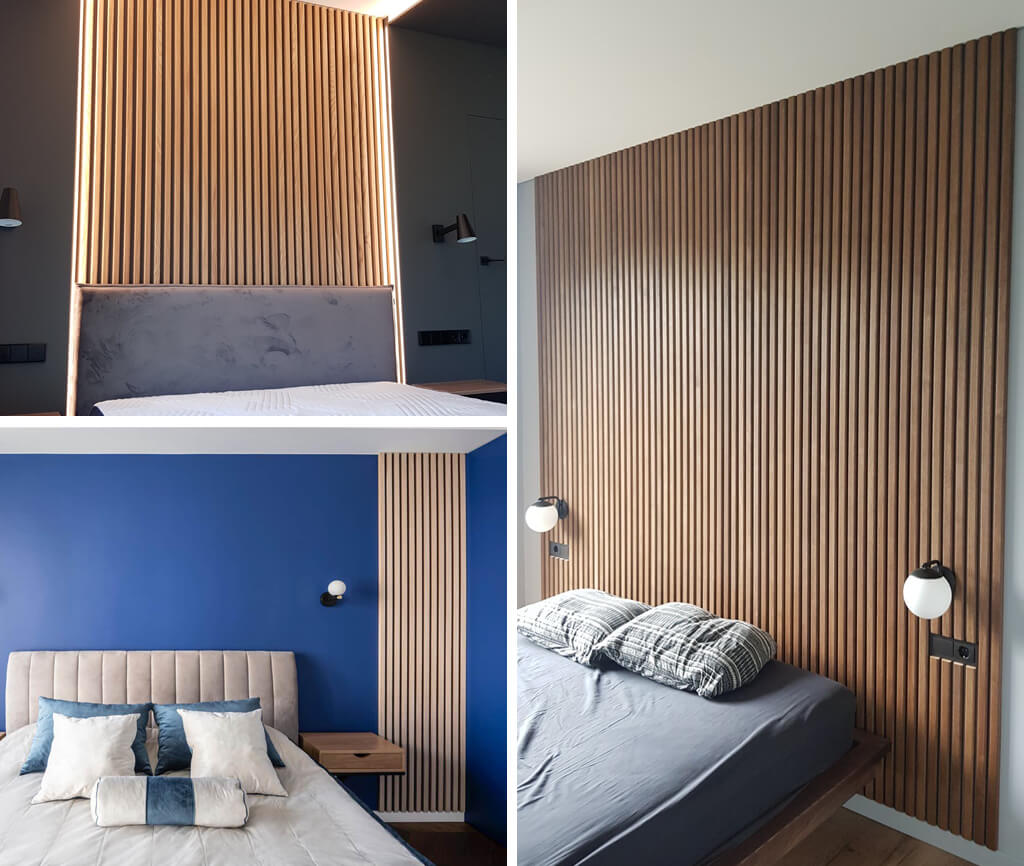 3 images of fluted wall panels installed behind or the the side of the bed