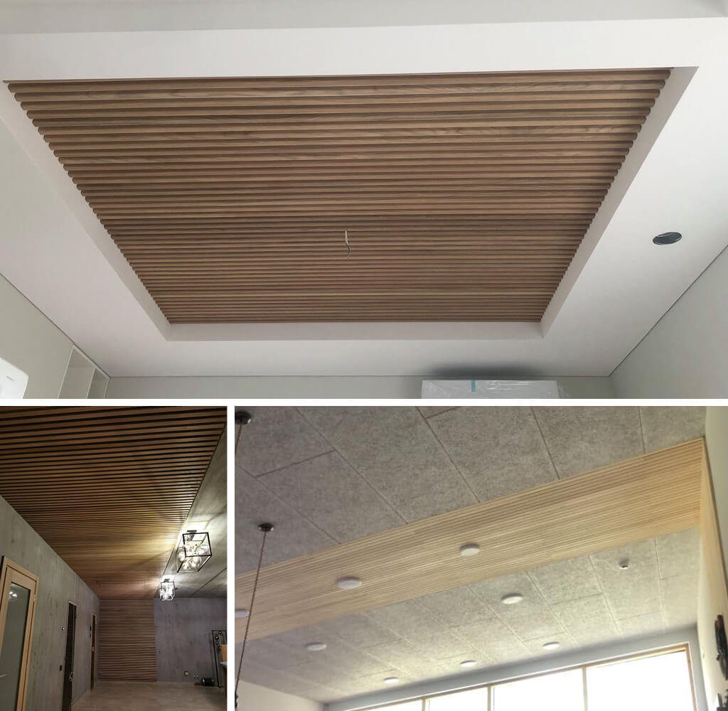 3 instances of fluted wall panels installed on the ceiling.