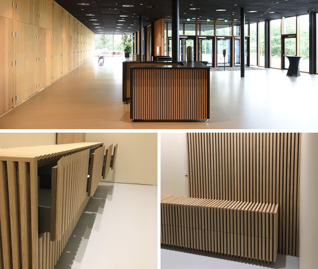 3 images of fluted wall panels installed on furniture such as a reception desk.