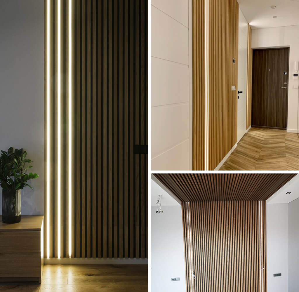 3 images of fluted wall panels installed on walls with LED lighting in-between some of the gaps.