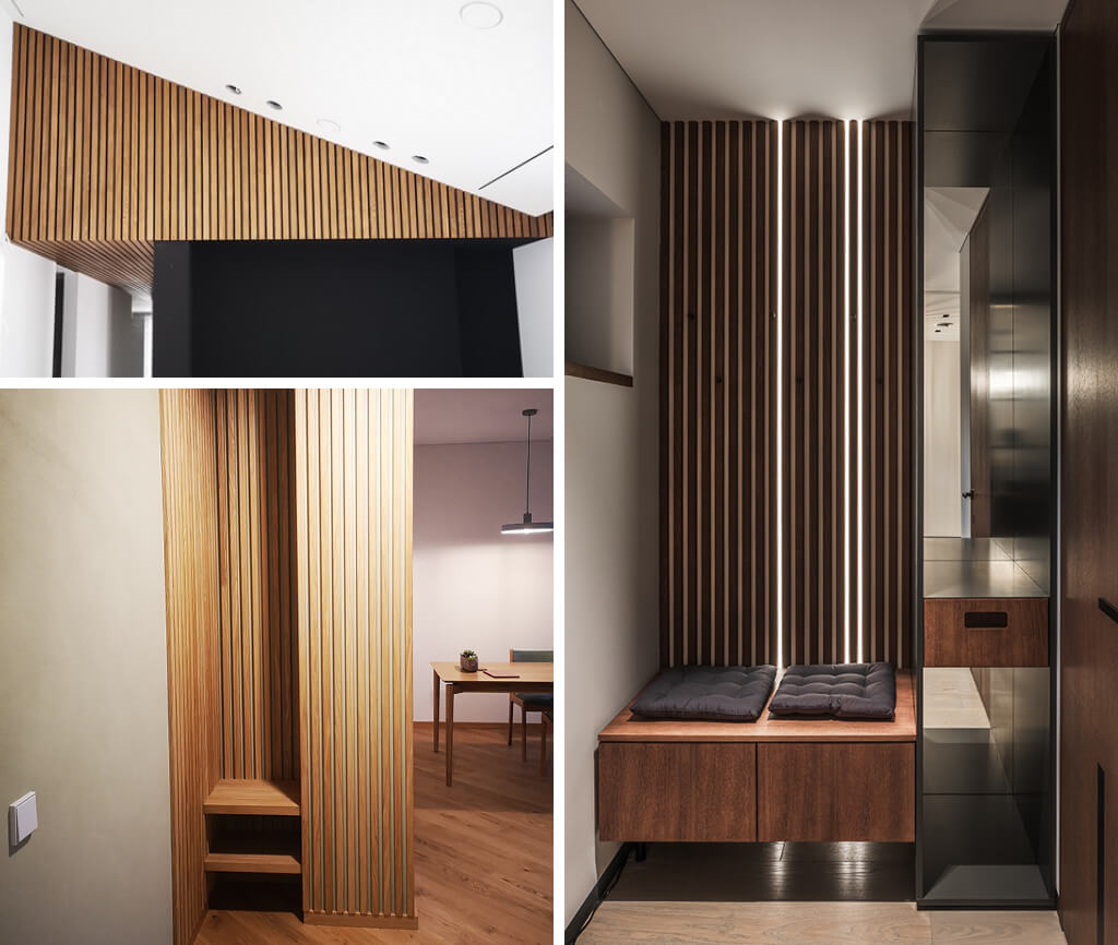 3 images of where fluted wall panels have been installed in awkward spaces such as small spaces or odd angles.
