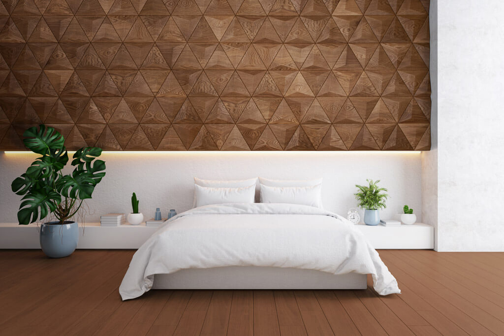 3D wood wall behind bed