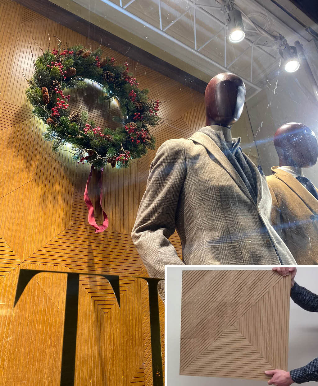 wooden wall panels in Christmas window display