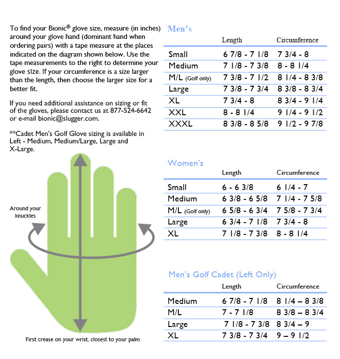 Golf Glove Cadet Size Chart