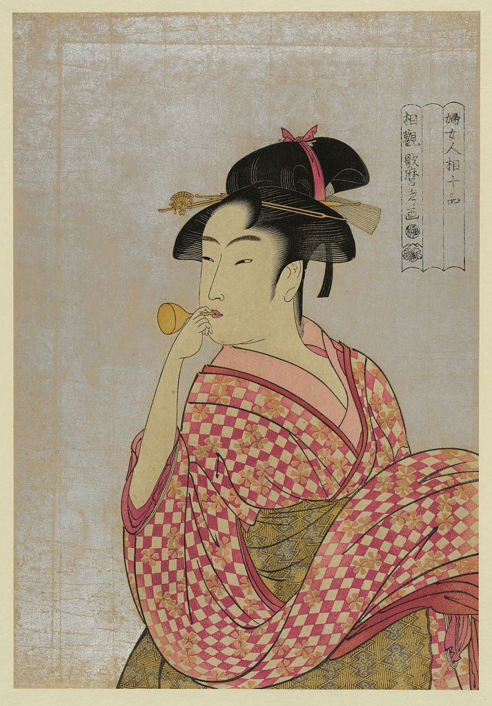 Kitagawa Utamaro: Young lady blowing on a poppin