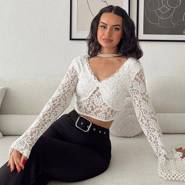 All over lace crop top with an on-trend high neck and long sleeves