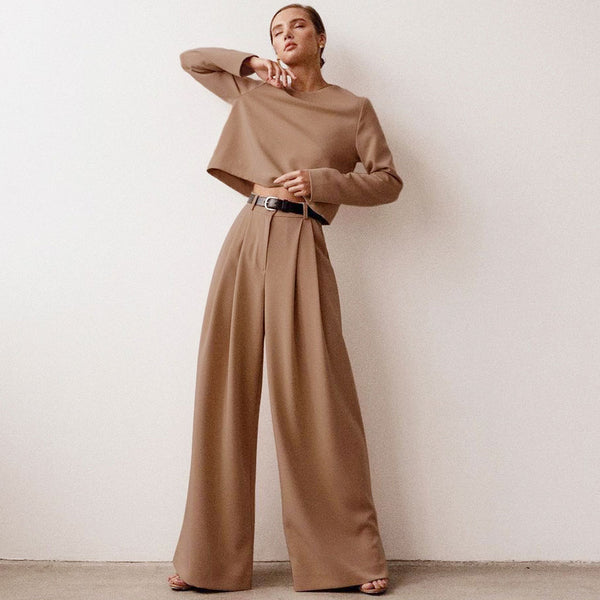 Athleisure Solid Long Sleeve Crop Top Wide Leg Pants Matching Set