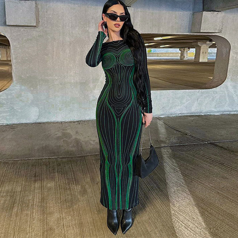 Futuristic Body Print Cut Out Long Sleeve Party Maxi Dress - Green ...
