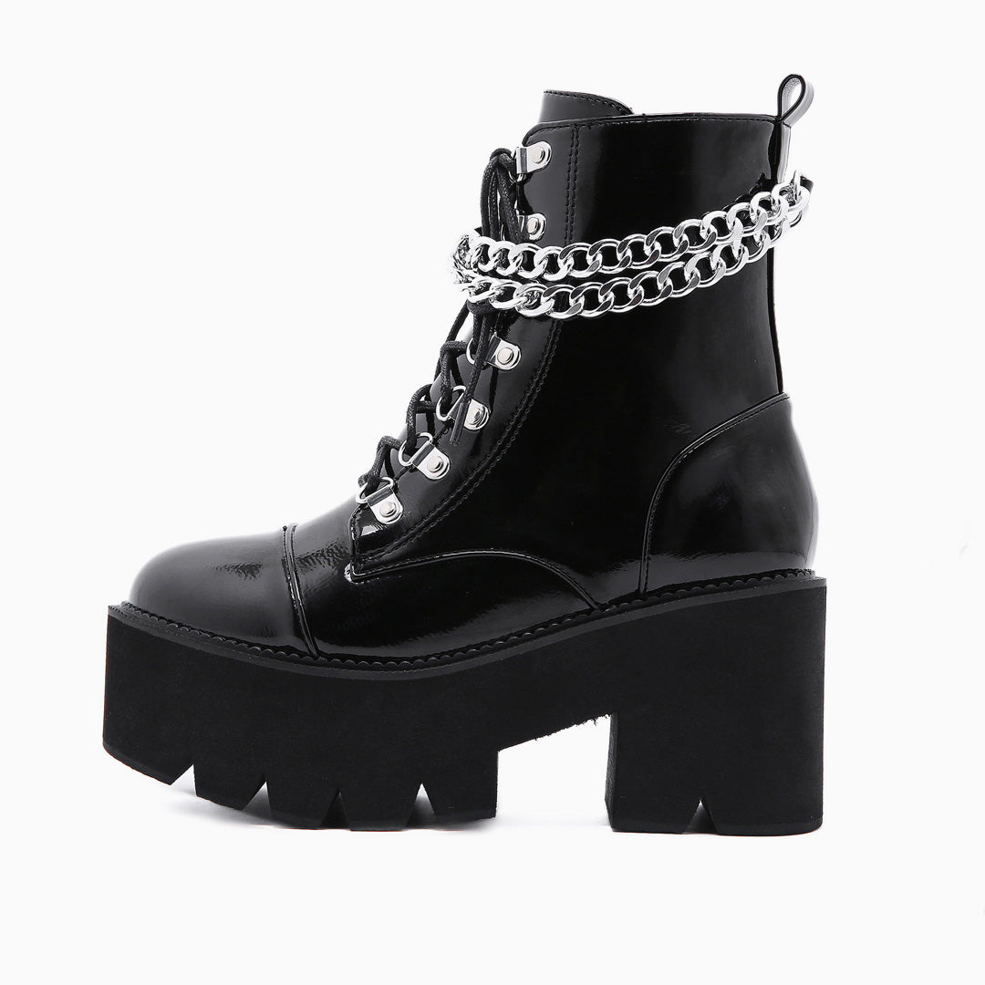 Glossy Chain-Link Lace Up Chunky Heel Platform Boots - Black – Trendy ...