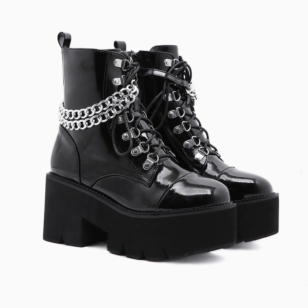 Glossy Chain-Link Lace Up Chunky Heel Platform Boots - Black – Trendy ...