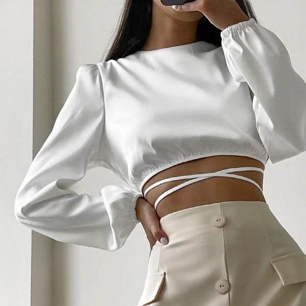Elegant Foldover Ruched Detail Long Sleeve Off Shoulder Crop Top - Whi –  Trendy & Unique