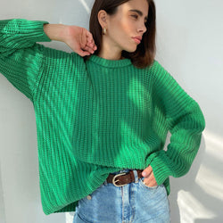 Oversized Ribbed Candy Color Crewneck Pullover Sweater - Green