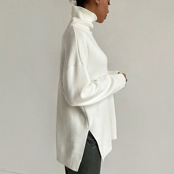 Oversized Rib Knit Mock Neck Drop Shoulder Long Sleeve Sweater - White –  Trendy & Unique