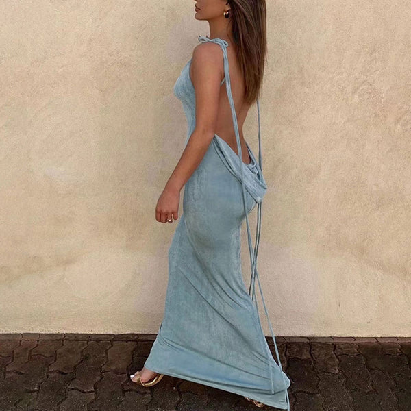 Animal Attraction, Blue Leopard Animal Pattern Sleeveless Plunge V Neck  Backless Halter Side Slit A Line Chiffon Maxi Dress