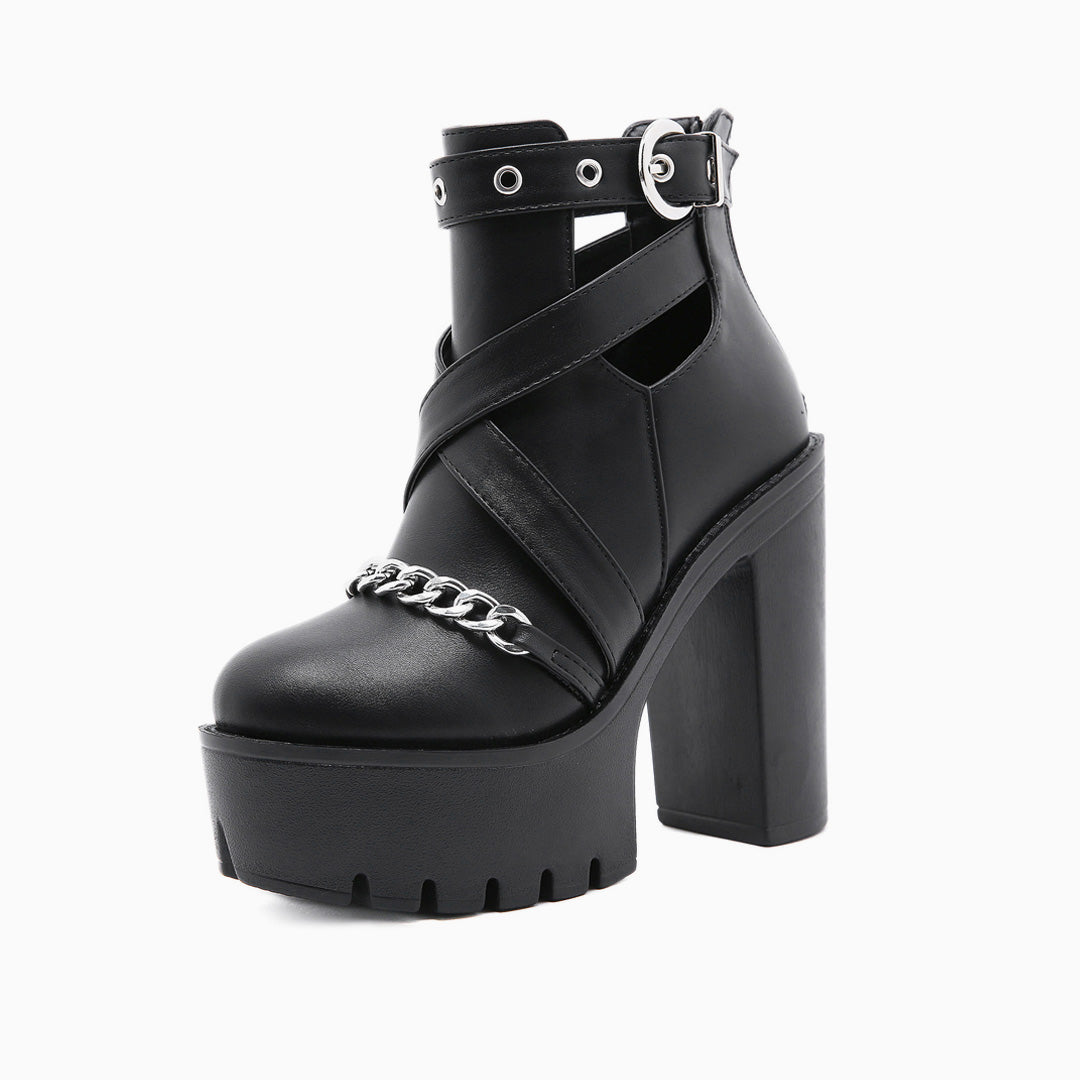 Punk Cutout Chain Trim Chunky Heel Platform Boots - Black – Trendy & Unique