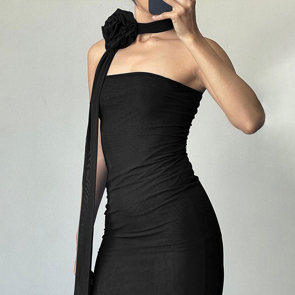 Black Strapless Sexy Dress With Sheer Mesh Design, No Bra Set Included