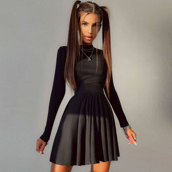 Long Sleeve Crewneck Mini Dress Black