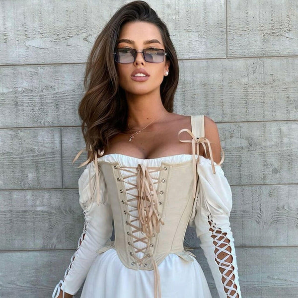 Vintage Style Scalloped Edge Lace Up Boned Crop Corset Top - Army