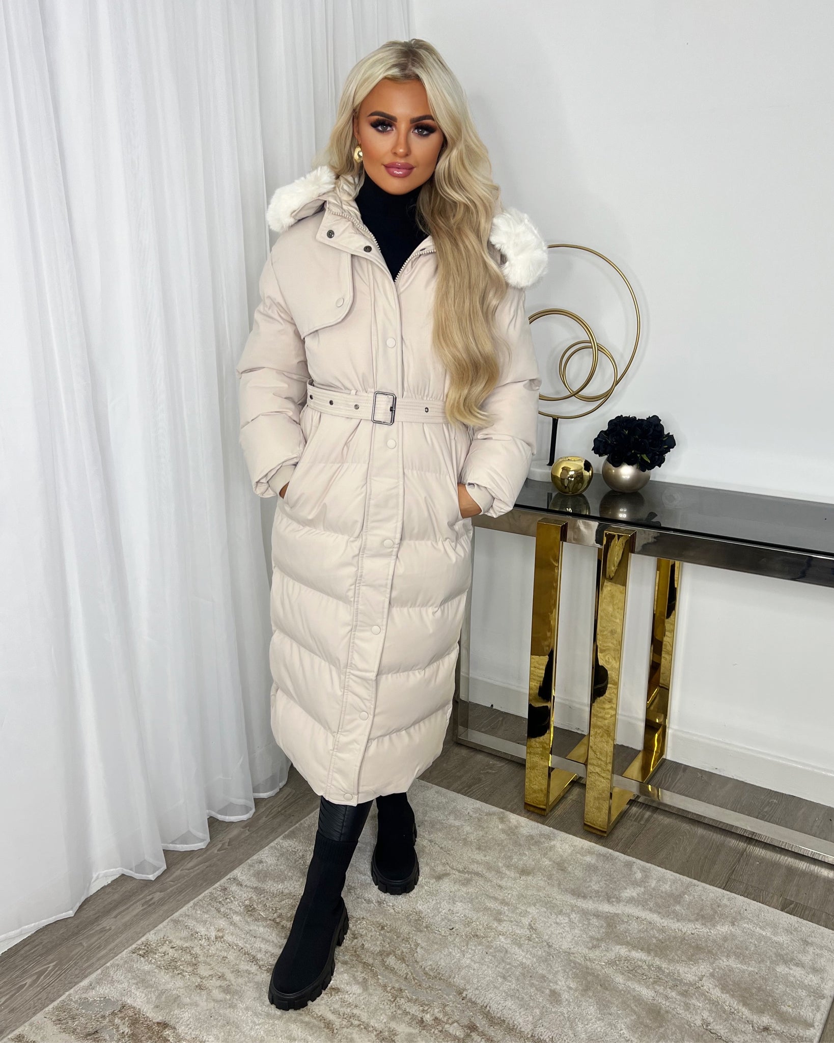 Chantel Long Padded Faux Fur Hooded Coat - Cream – GlamDoll Fashion